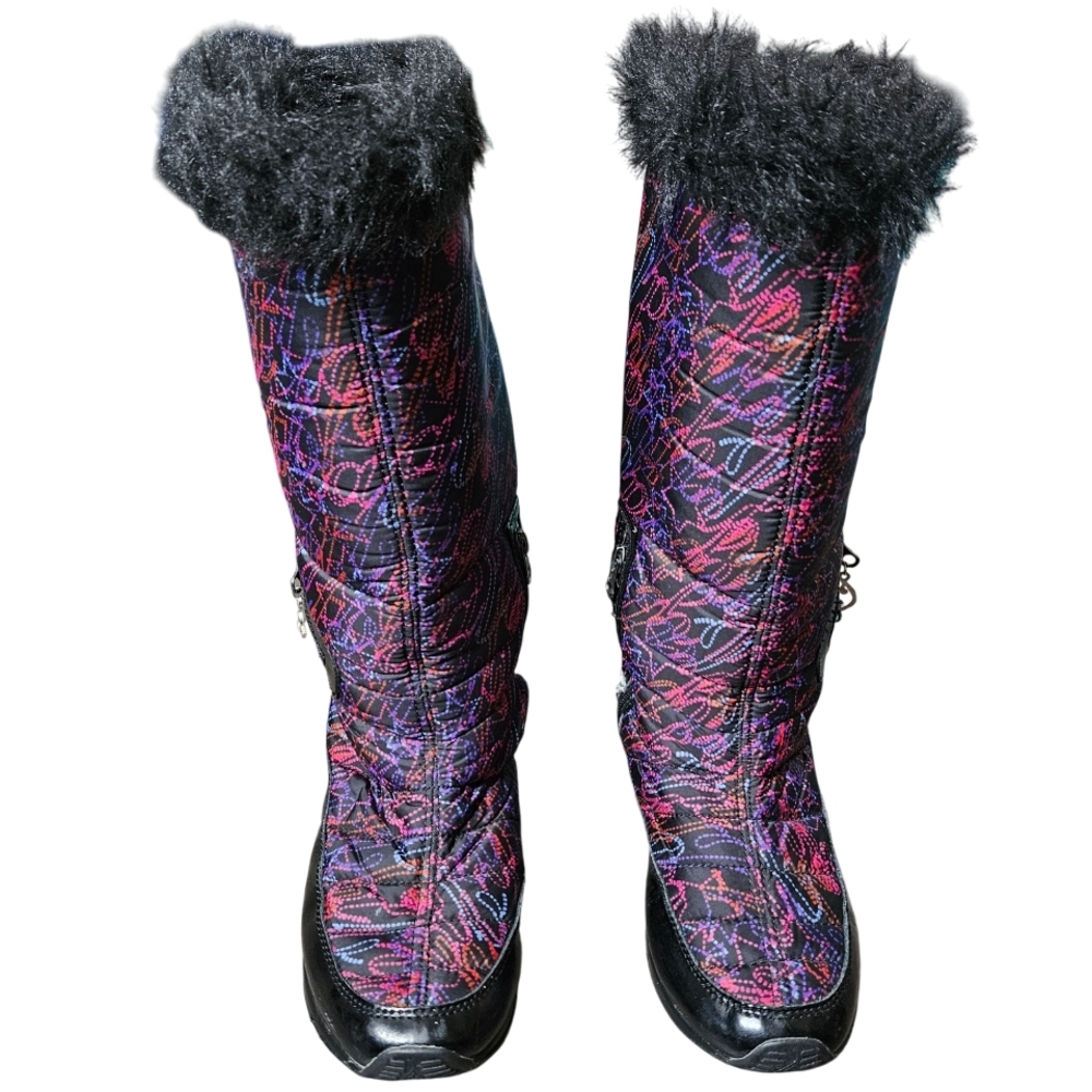 Vtg Baby Phat Cat Y2K Black/Multicolor Quilted Wedge Boots Faux FUR *RARE* 6.5